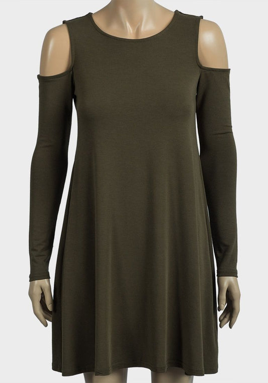 OLIVE COLD SHOULDER A-LINE JERSEY DRESS