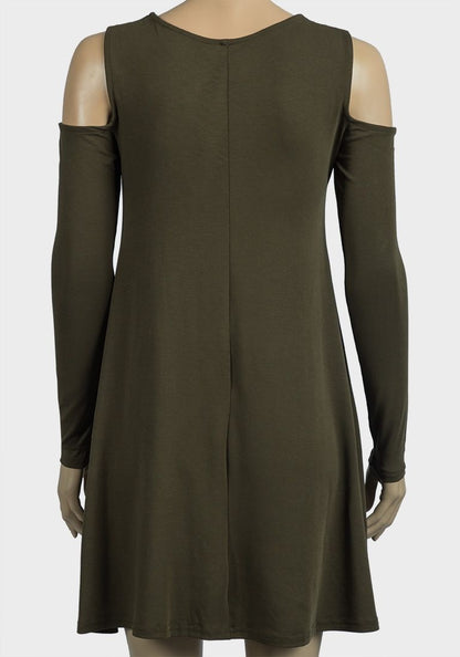 OLIVE COLD SHOULDER A-LINE JERSEY DRESS