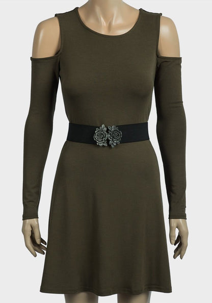 OLIVE COLD SHOULDER A-LINE JERSEY DRESS