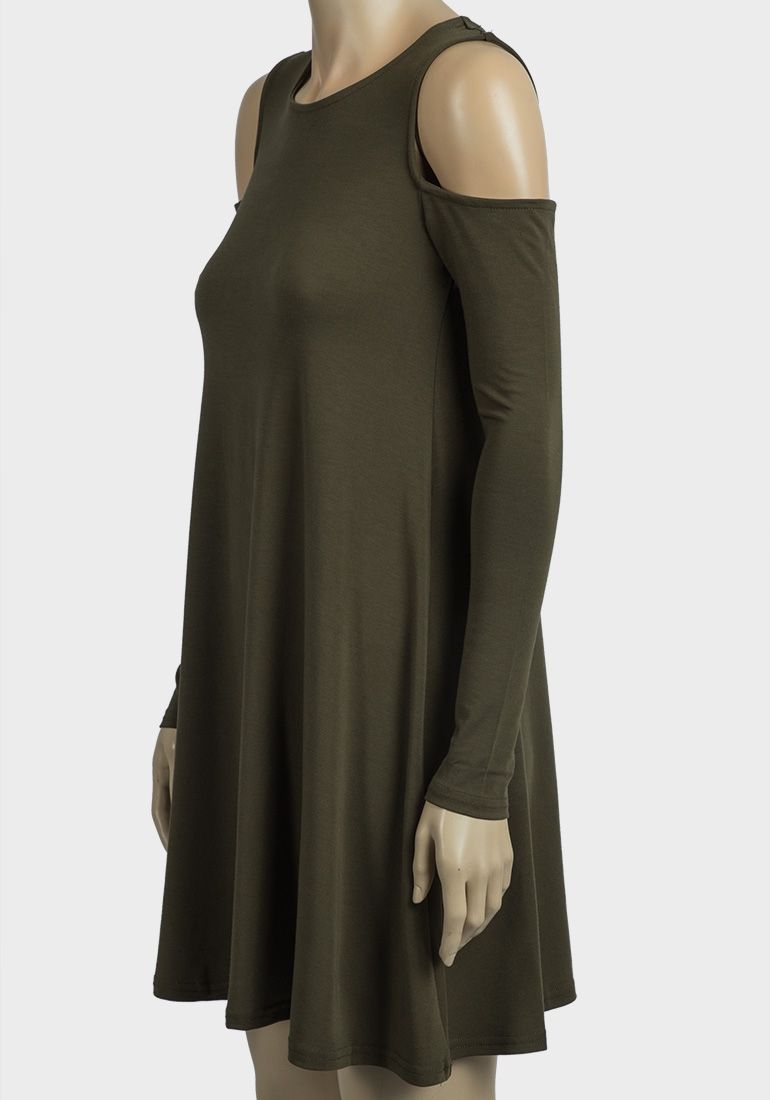 OLIVE COLD SHOULDER A-LINE JERSEY DRESS