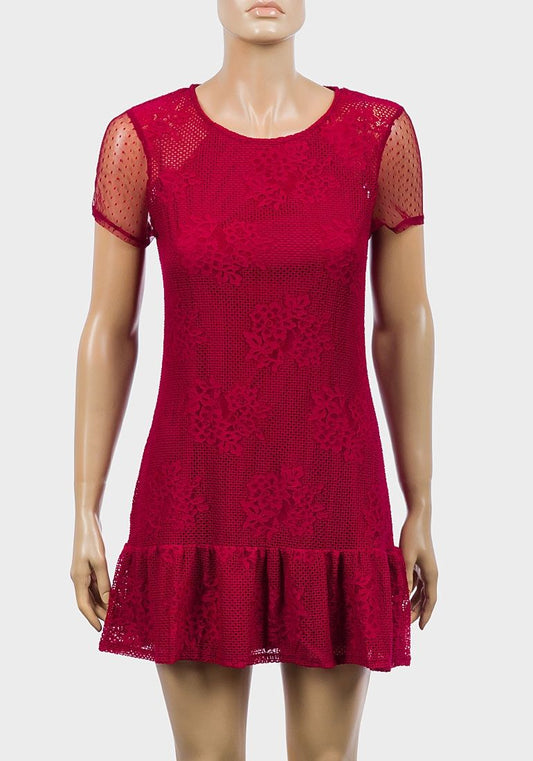 RED SHORT SLEEVE LACE MINI DRESS