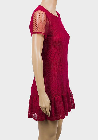 RED SHORT SLEEVE LACE MINI DRESS