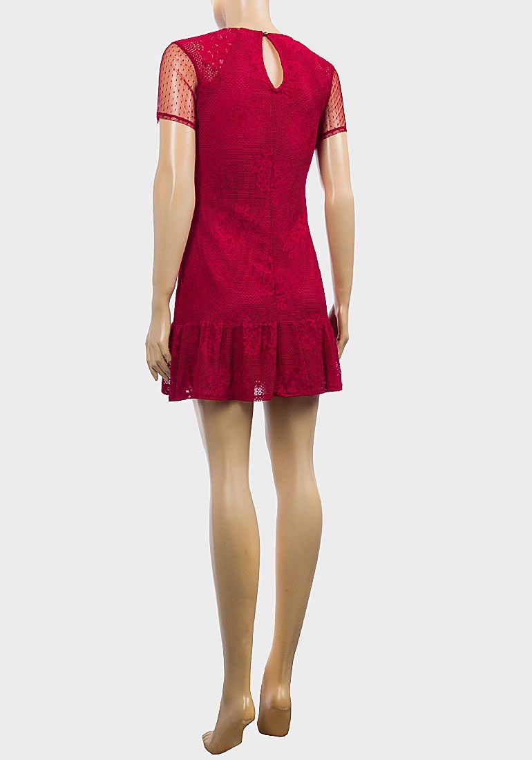 RED SHORT SLEEVE LACE MINI DRESS