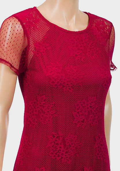 RED SHORT SLEEVE LACE MINI DRESS