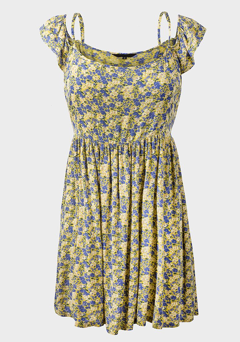 YELLOW FLORAL FIT AND FLARE DRESS